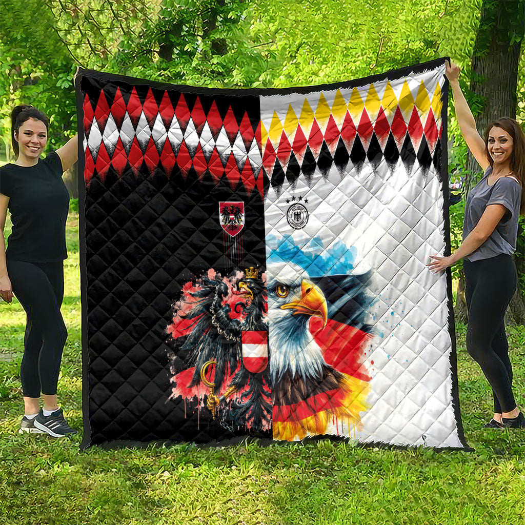 Austria and Germany National Football Quilt Split Half Diamond Argyle with Eagles Watercolor Paint Splash Art