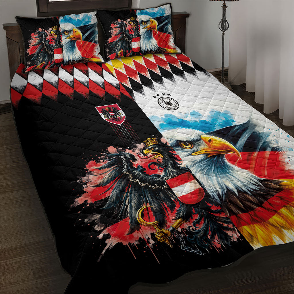 Austria and Germany National Football Quilt Bed Set Split Half Diamond Argyle with Eagles Watercolor Paint Splash Art