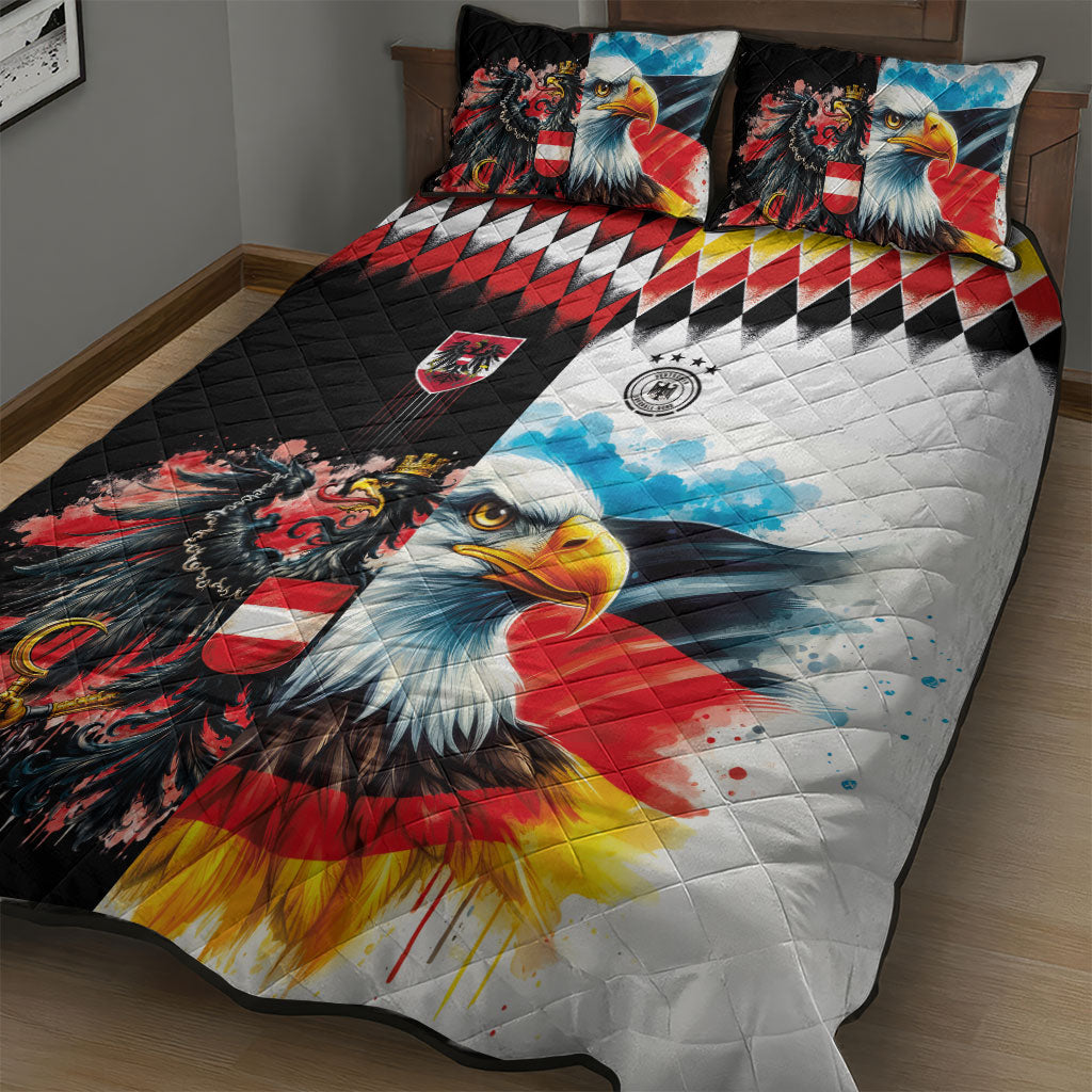 Austria and Germany National Football Quilt Bed Set Split Half Diamond Argyle with Eagles Watercolor Paint Splash Art