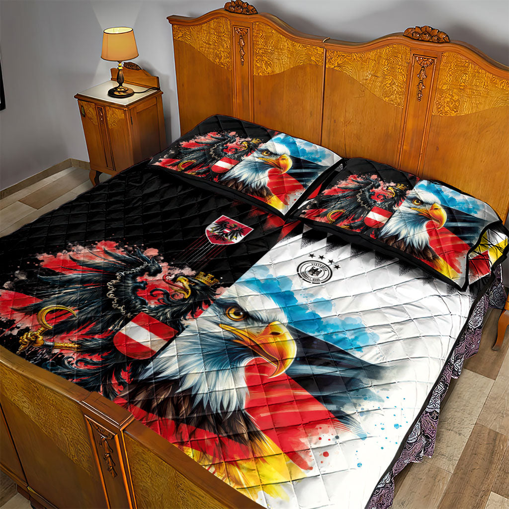 Austria and Germany National Football Quilt Bed Set Split Half Diamond Argyle with Eagles Watercolor Paint Splash Art