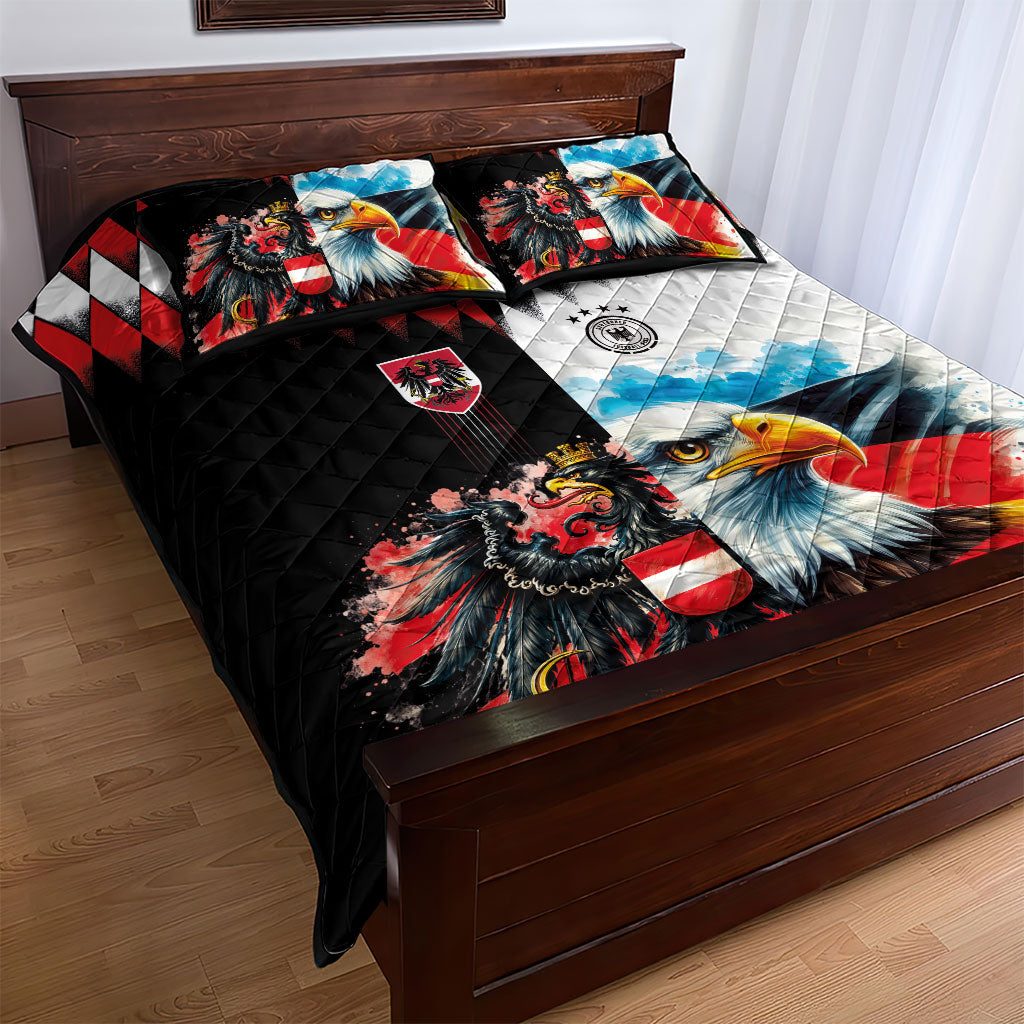 Austria and Germany National Football Quilt Bed Set Split Half Diamond Argyle with Eagles Watercolor Paint Splash Art