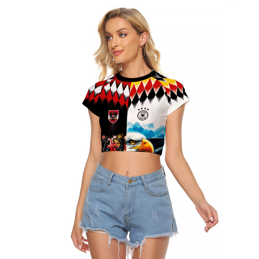 Custom Austria and Germany National Football Raglan Cropped T Shirt Split Half Diamond Argyle with Eagles Watercolor Paint Splash Art