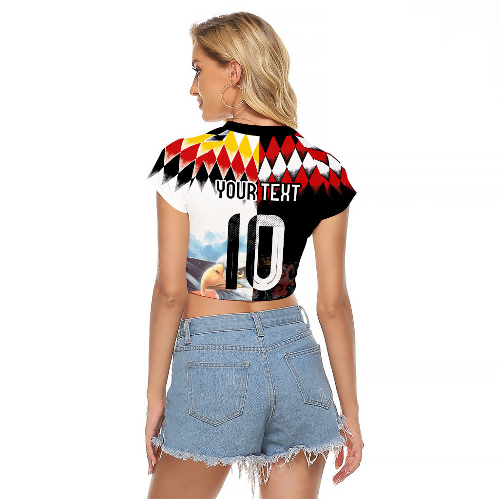 Custom Austria and Germany National Football Raglan Cropped T Shirt Split Half Diamond Argyle with Eagles Watercolor Paint Splash Art