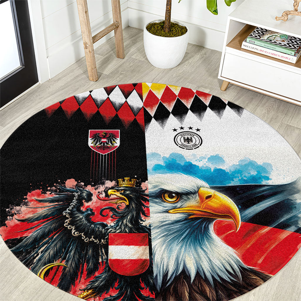 Austria and Germany National Football Round Carpet Split Half Diamond Argyle with Eagles Watercolor Paint Splash Art