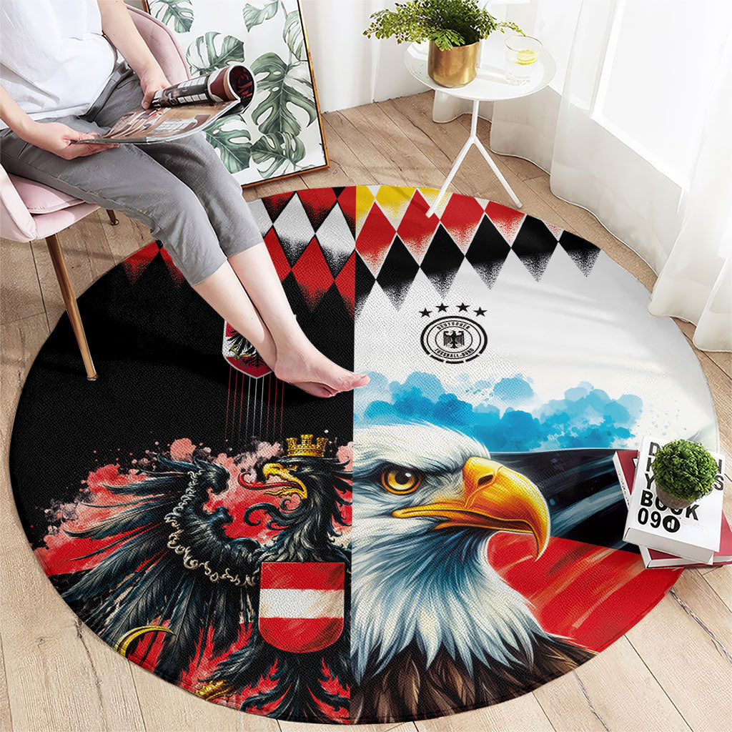 Austria and Germany National Football Round Carpet Split Half Diamond Argyle with Eagles Watercolor Paint Splash Art