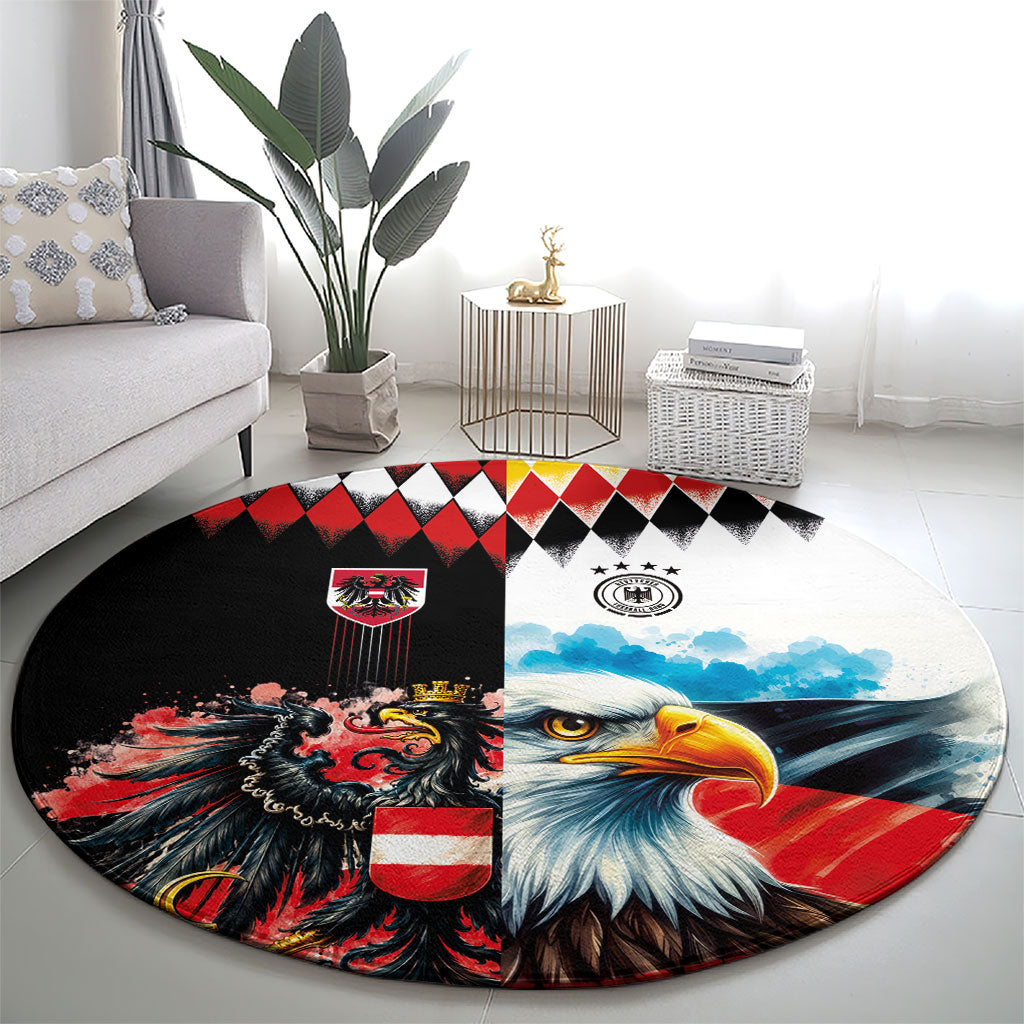 Austria and Germany National Football Round Carpet Split Half Diamond Argyle with Eagles Watercolor Paint Splash Art