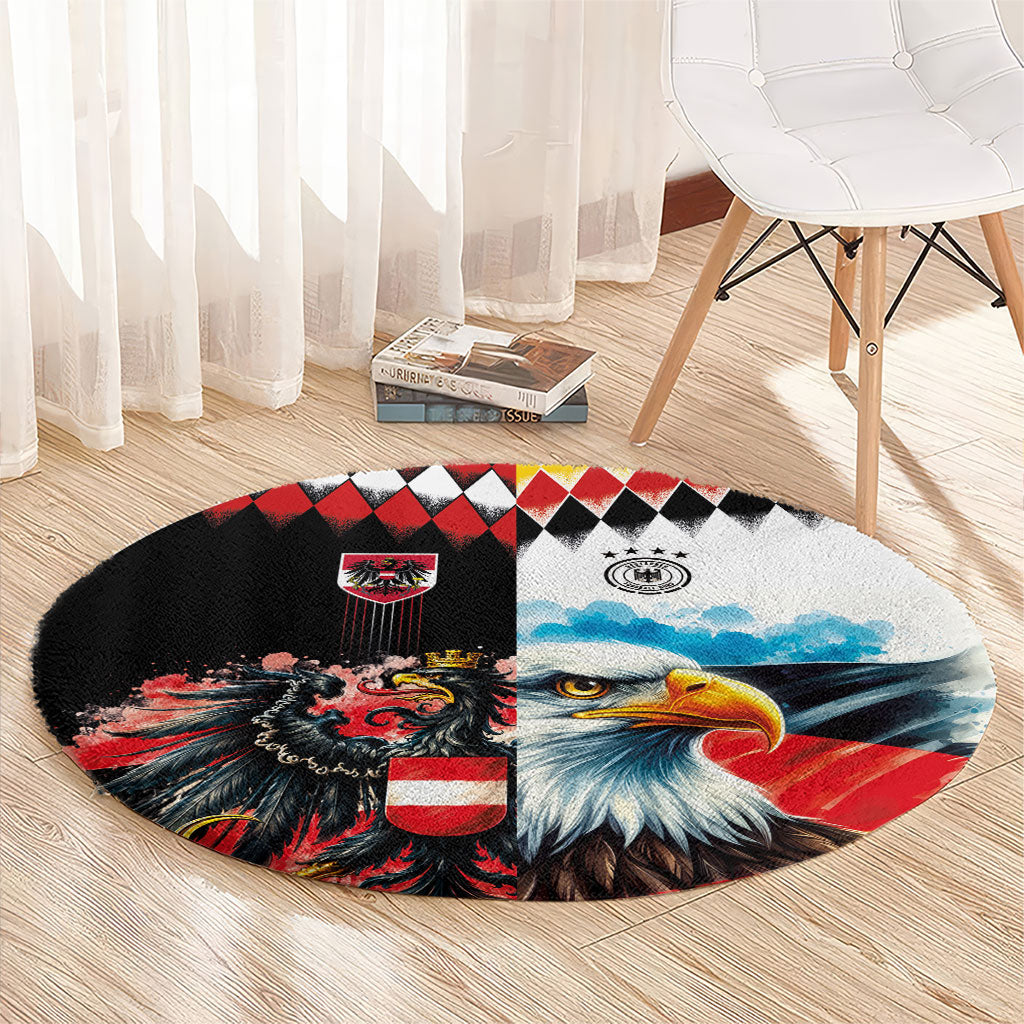 Austria and Germany National Football Round Carpet Split Half Diamond Argyle with Eagles Watercolor Paint Splash Art