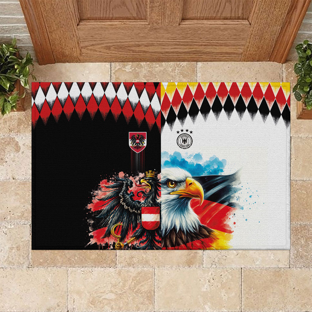 Austria and Germany National Football Rubber Doormat Split Half Diamond Argyle with Eagles Watercolor Paint Splash Art