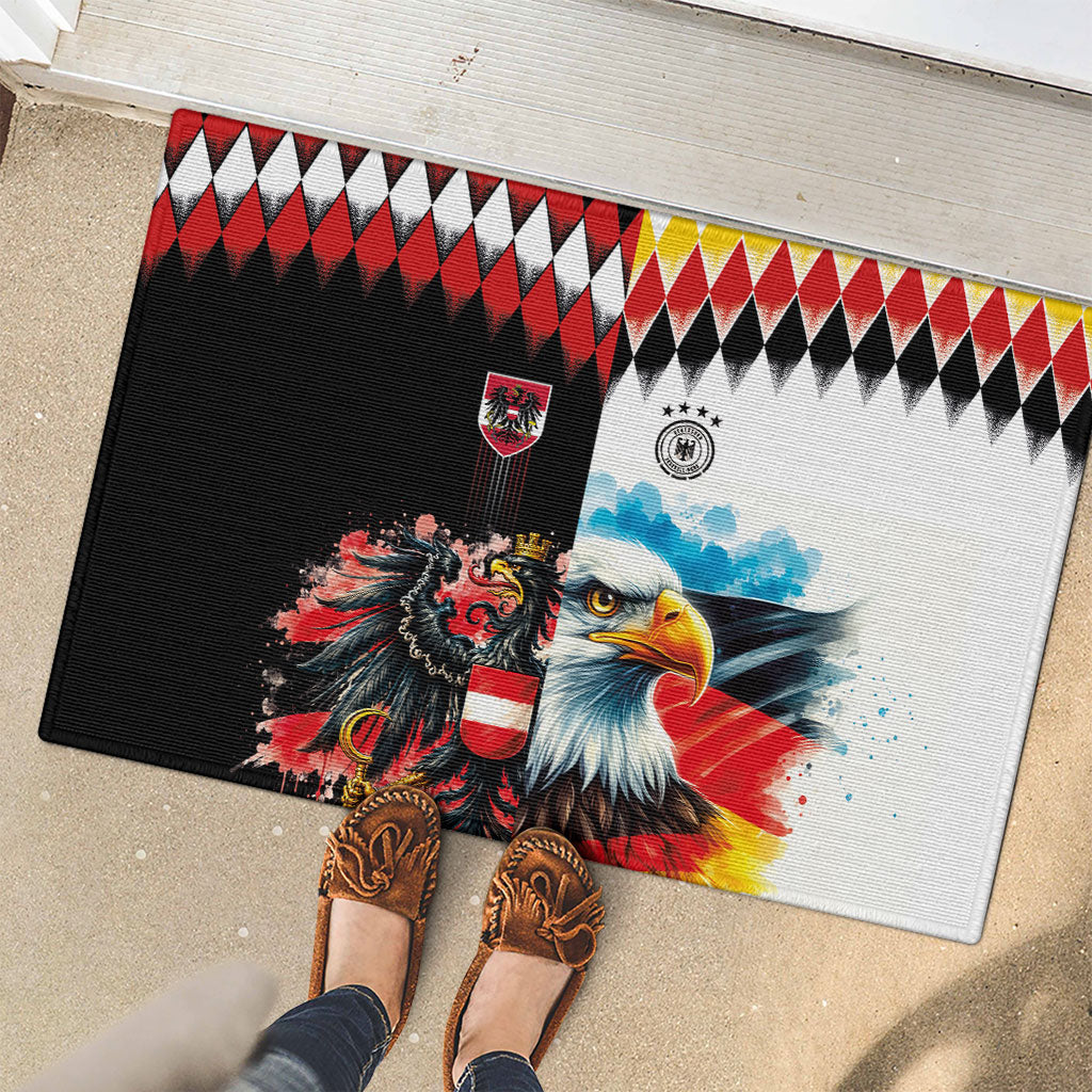 Austria and Germany National Football Rubber Doormat Split Half Diamond Argyle with Eagles Watercolor Paint Splash Art