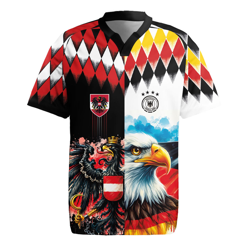 Custom Austria and Germany National Football Rugby Jersey Split Half Diamond Argyle with Eagles Watercolor Paint Splash Art