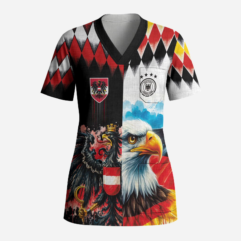 Custom Austria and Germany National Football Scrub Top Split Half Diamond Argyle with Eagles Watercolor Paint Splash Art