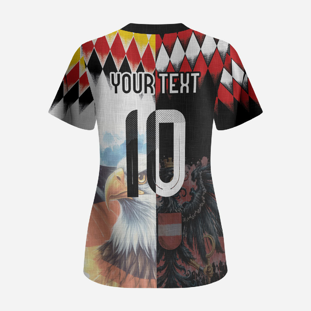 Custom Austria and Germany National Football Scrub Top Split Half Diamond Argyle with Eagles Watercolor Paint Splash Art