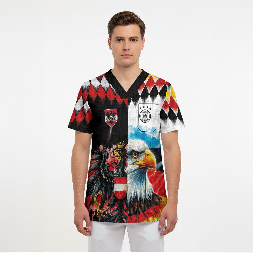 Custom Austria and Germany National Football Scrub Top Split Half Diamond Argyle with Eagles Watercolor Paint Splash Art
