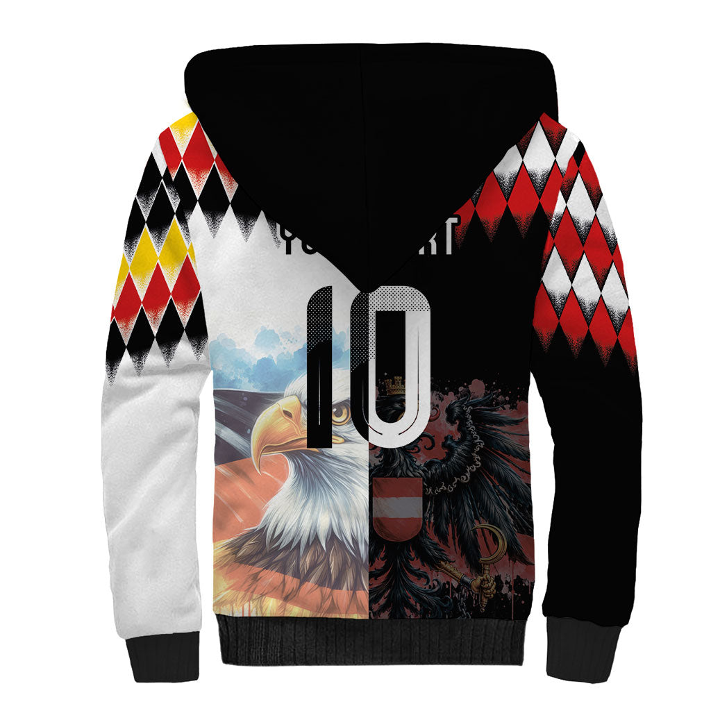 Custom Austria and Germany National Football Sherpa Hoodie Split Half Diamond Argyle with Eagles Watercolor Paint Splash Art