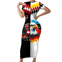 Custom Austria and Germany National Football Short Sleeve Bodycon Dress Split Half Diamond Argyle with Eagles Watercolor Paint Splash Art