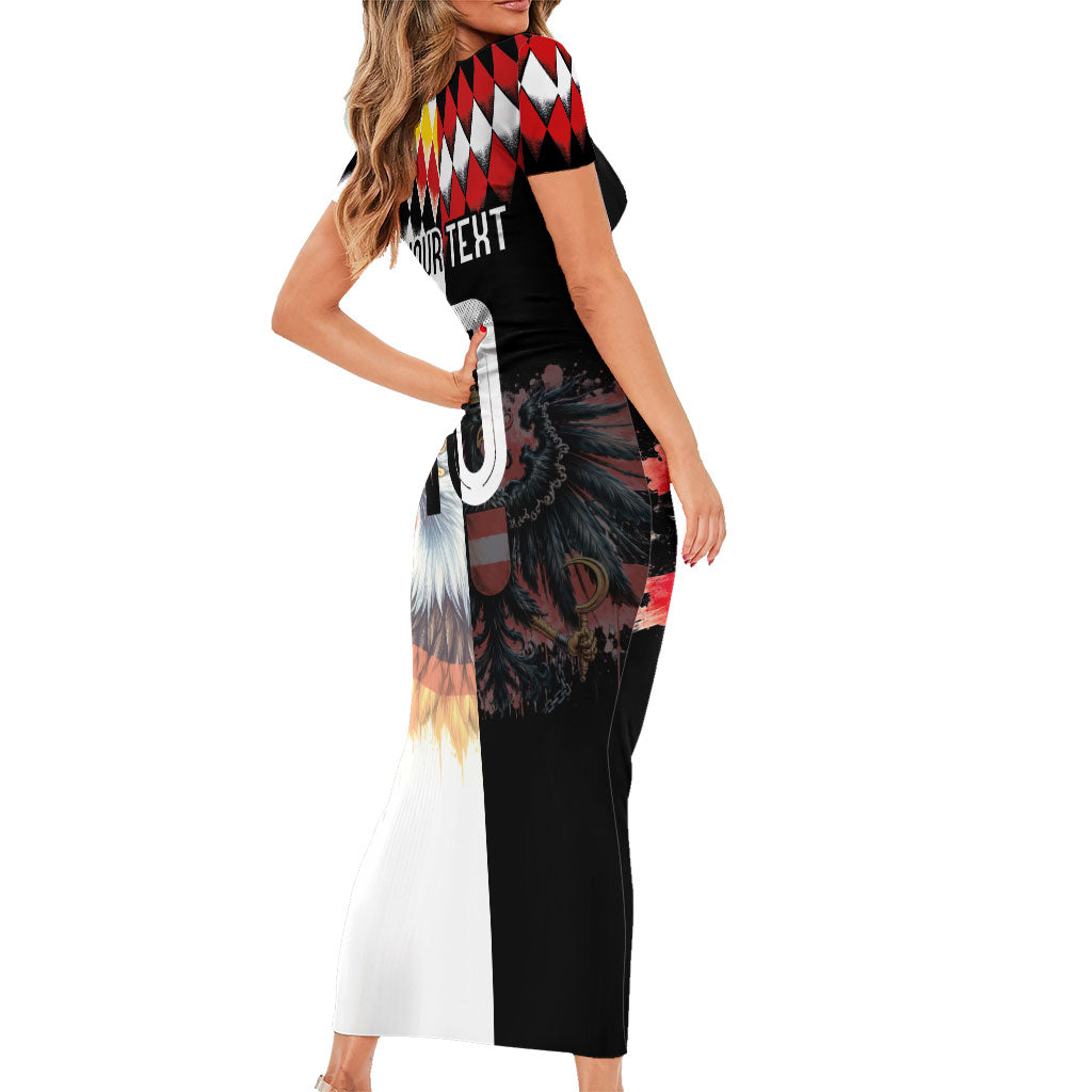 Custom Austria and Germany National Football Short Sleeve Bodycon Dress Split Half Diamond Argyle with Eagles Watercolor Paint Splash Art