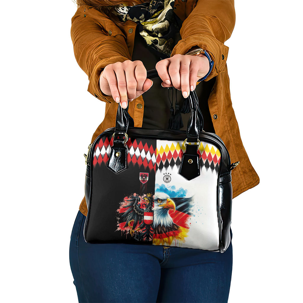 Austria and Germany National Football Shoulder Handbag Split Half Diamond Argyle with Eagles Watercolor Paint Splash Art