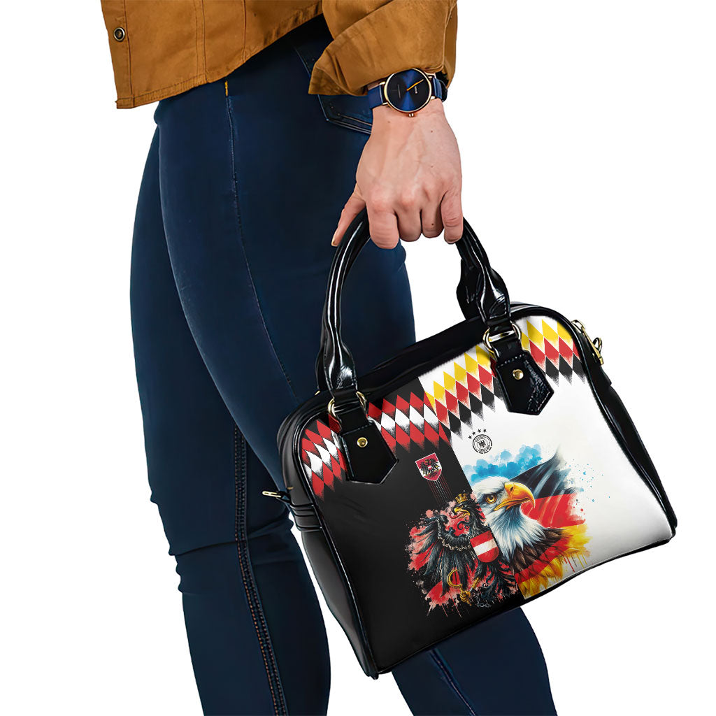 Austria and Germany National Football Shoulder Handbag Split Half Diamond Argyle with Eagles Watercolor Paint Splash Art