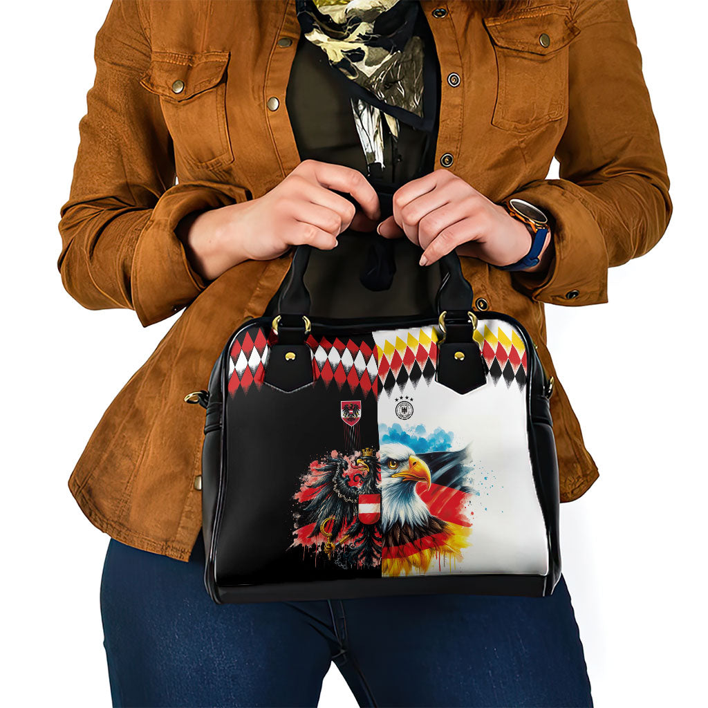 Austria and Germany National Football Shoulder Handbag Split Half Diamond Argyle with Eagles Watercolor Paint Splash Art