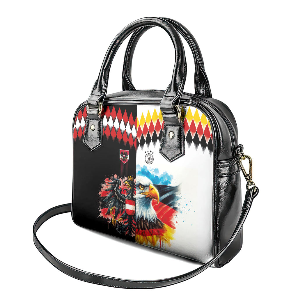 Austria and Germany National Football Shoulder Handbag Split Half Diamond Argyle with Eagles Watercolor Paint Splash Art