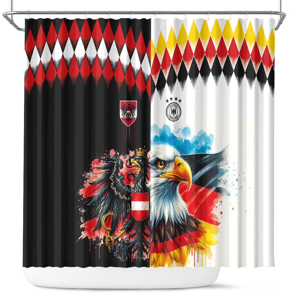 Austria and Germany National Football Shower Curtain Split Half Diamond Argyle with Eagles Watercolor Paint Splash Art