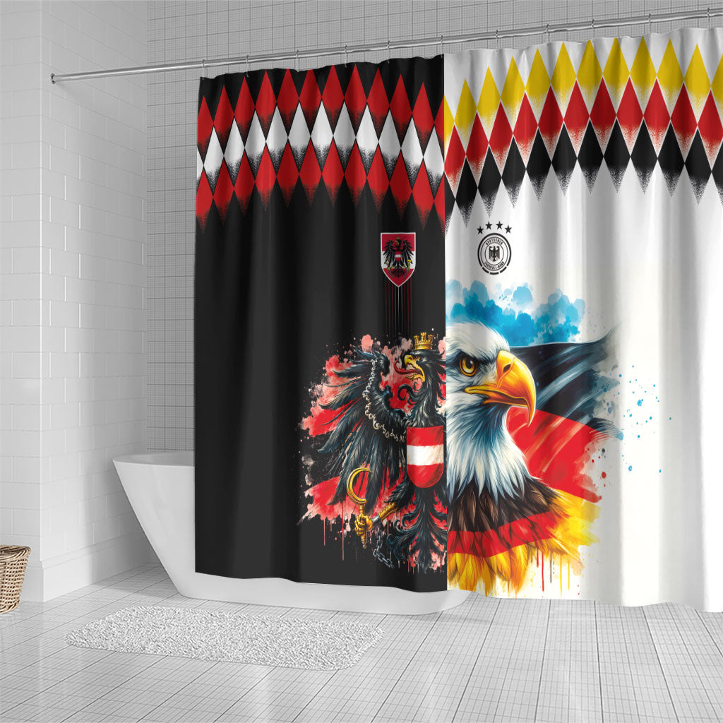 Austria and Germany National Football Shower Curtain Split Half Diamond Argyle with Eagles Watercolor Paint Splash Art