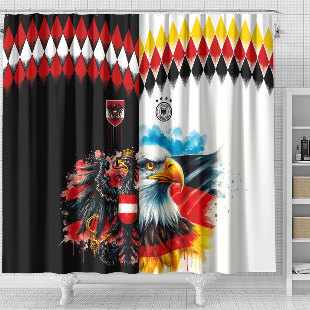Austria and Germany National Football Shower Curtain Split Half Diamond Argyle with Eagles Watercolor Paint Splash Art