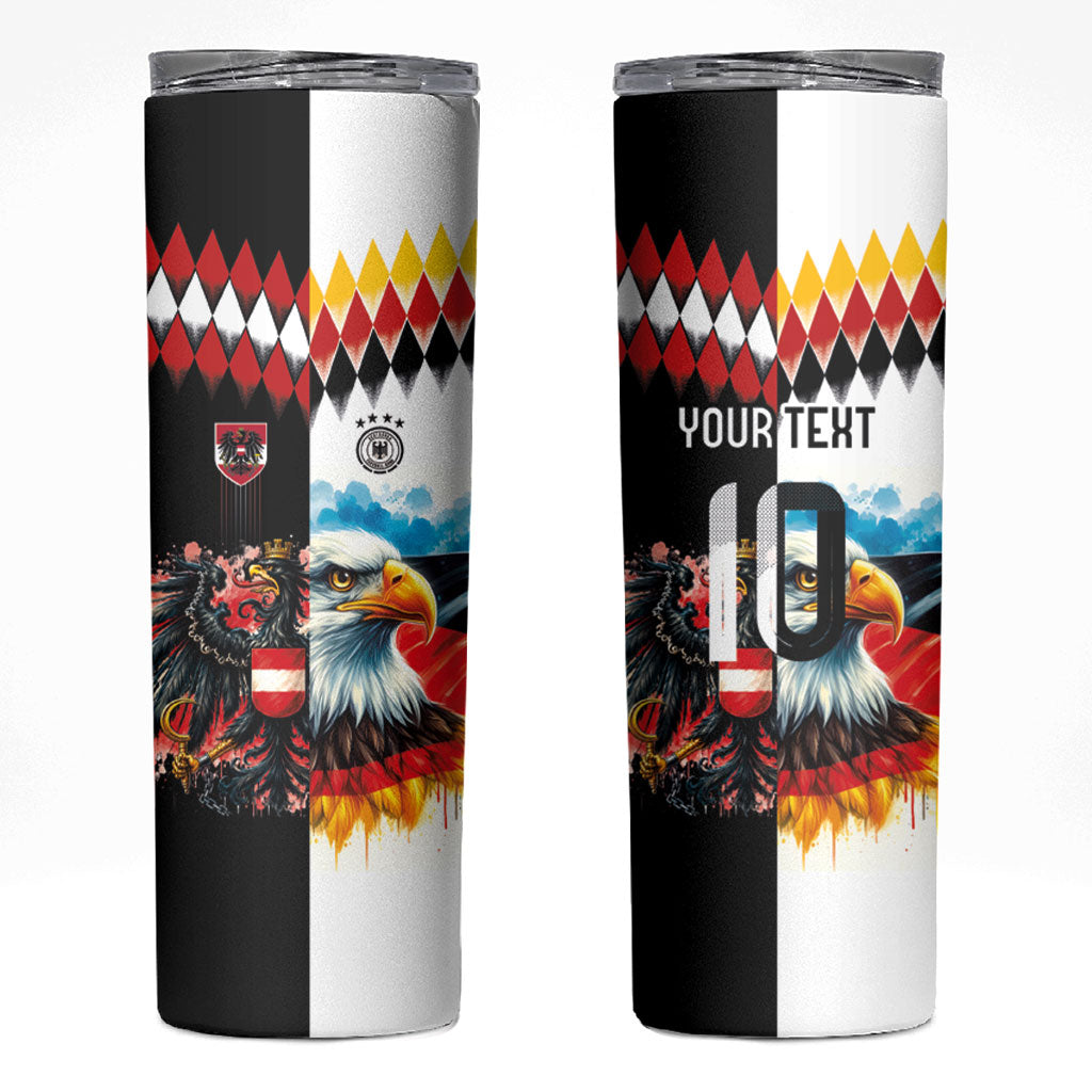 Custom Austria and Germany National Football Skinny Tumbler Split Half Diamond Argyle with Eagles Watercolor Paint Splash Art