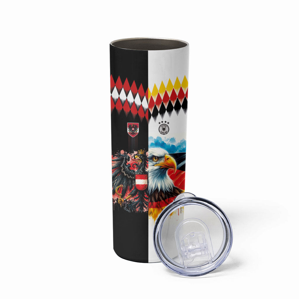 Custom Austria and Germany National Football Skinny Tumbler Split Half Diamond Argyle with Eagles Watercolor Paint Splash Art
