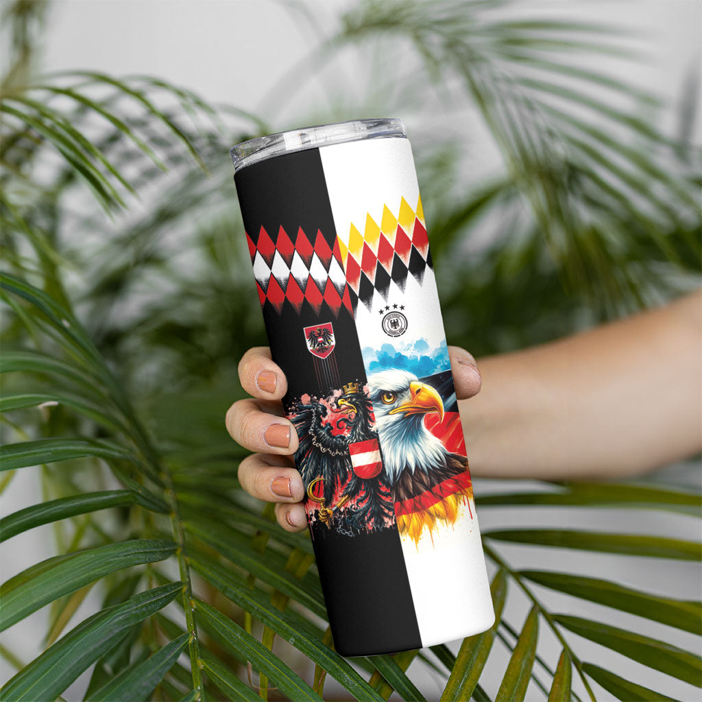 Custom Austria and Germany National Football Skinny Tumbler Split Half Diamond Argyle with Eagles Watercolor Paint Splash Art