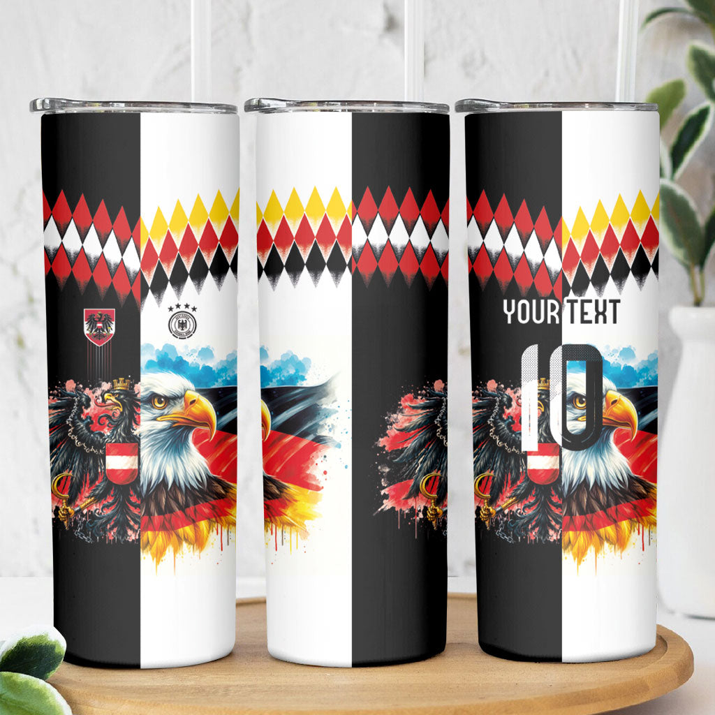 Custom Austria and Germany National Football Skinny Tumbler Split Half Diamond Argyle with Eagles Watercolor Paint Splash Art