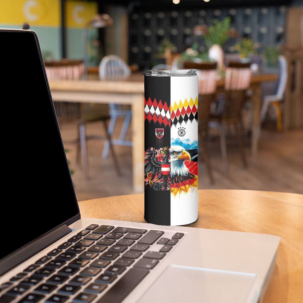 Custom Austria and Germany National Football Skinny Tumbler Split Half Diamond Argyle with Eagles Watercolor Paint Splash Art