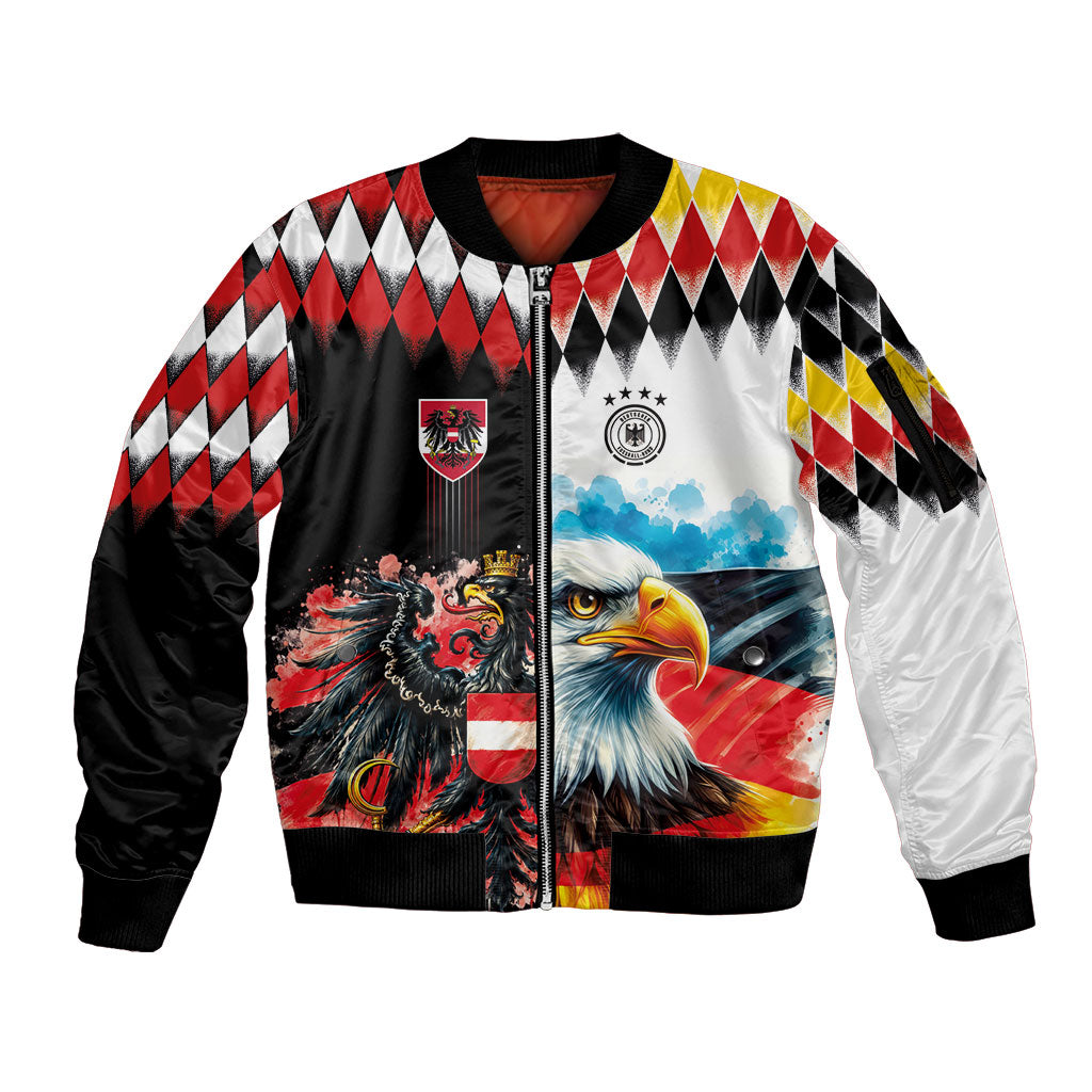 Custom Austria and Germany National Football Sleeve Zip Bomber Jacket Split Half Diamond Argyle with Eagles Watercolor Paint Splash Art