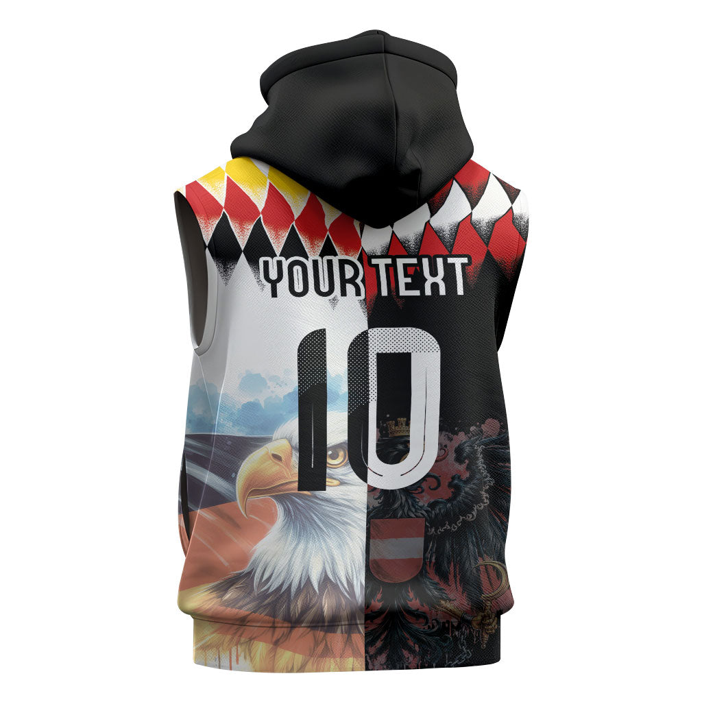 Custom Austria and Germany National Football Sleeveless Hoodie Split Half Diamond Argyle with Eagles Watercolor Paint Splash Art