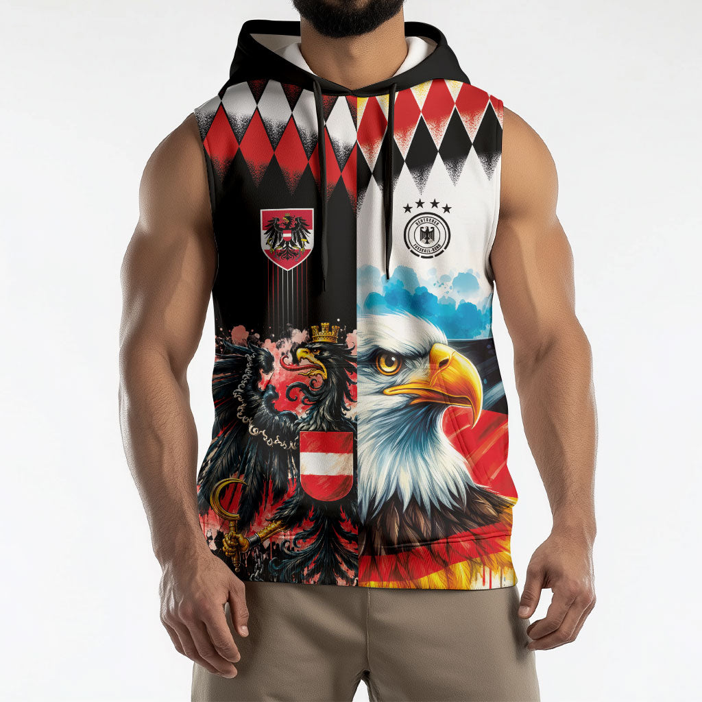 Custom Austria and Germany National Football Sleeveless Hoodie Split Half Diamond Argyle with Eagles Watercolor Paint Splash Art