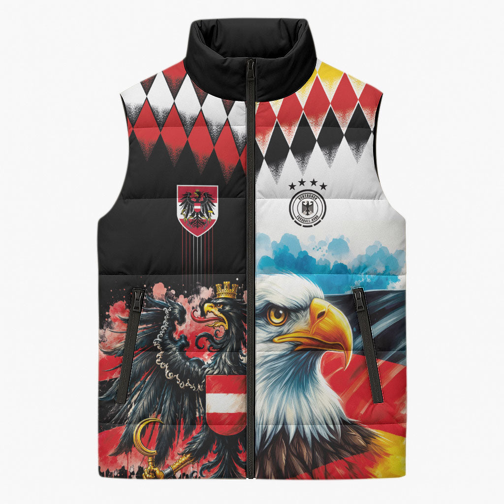 Custom Austria and Germany National Football Sleeveless Puffer Jacket Split Half Diamond Argyle with Eagles Watercolor Paint Splash Art