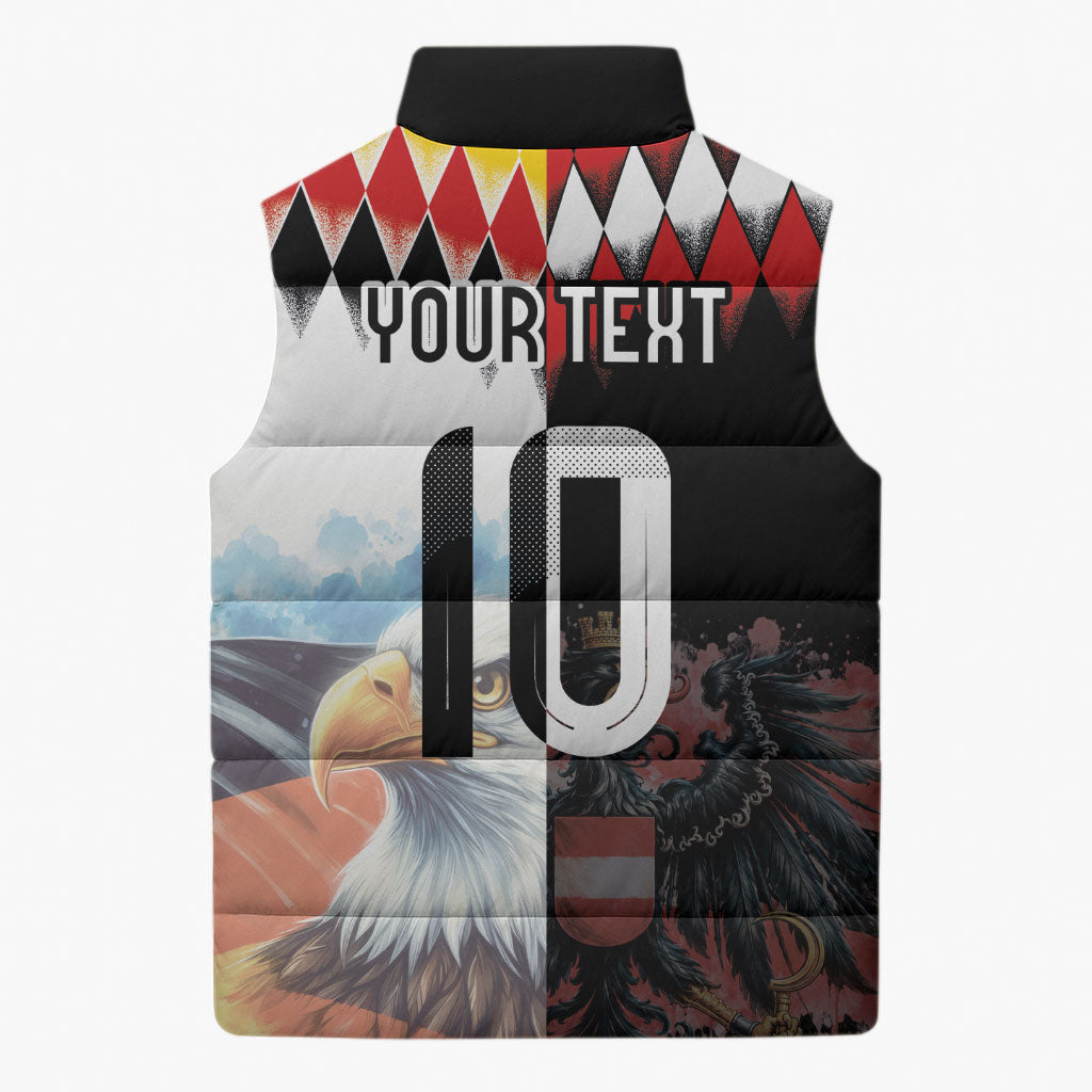 Custom Austria and Germany National Football Sleeveless Puffer Jacket Split Half Diamond Argyle with Eagles Watercolor Paint Splash Art