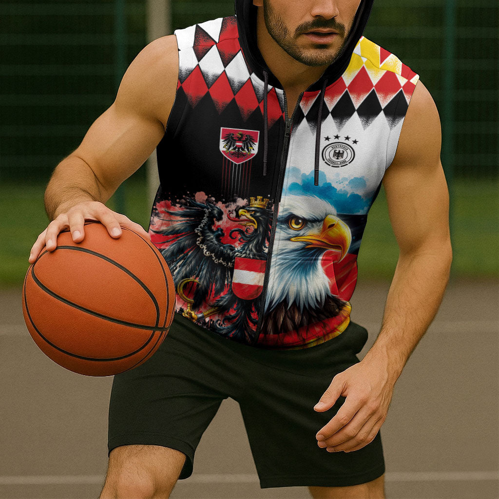 Custom Austria and Germany National Football Sleeveless Zip Hoodie Split Half Diamond Argyle with Eagles Watercolor Paint Splash Art
