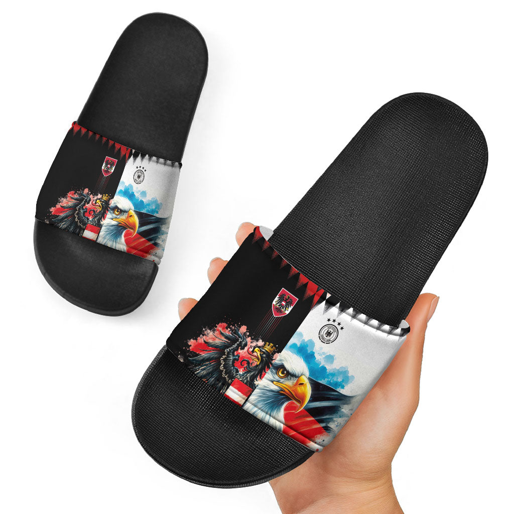 Austria and Germany National Football Slide Sandals Split Half Diamond Argyle with Eagles Watercolor Paint Splash Art