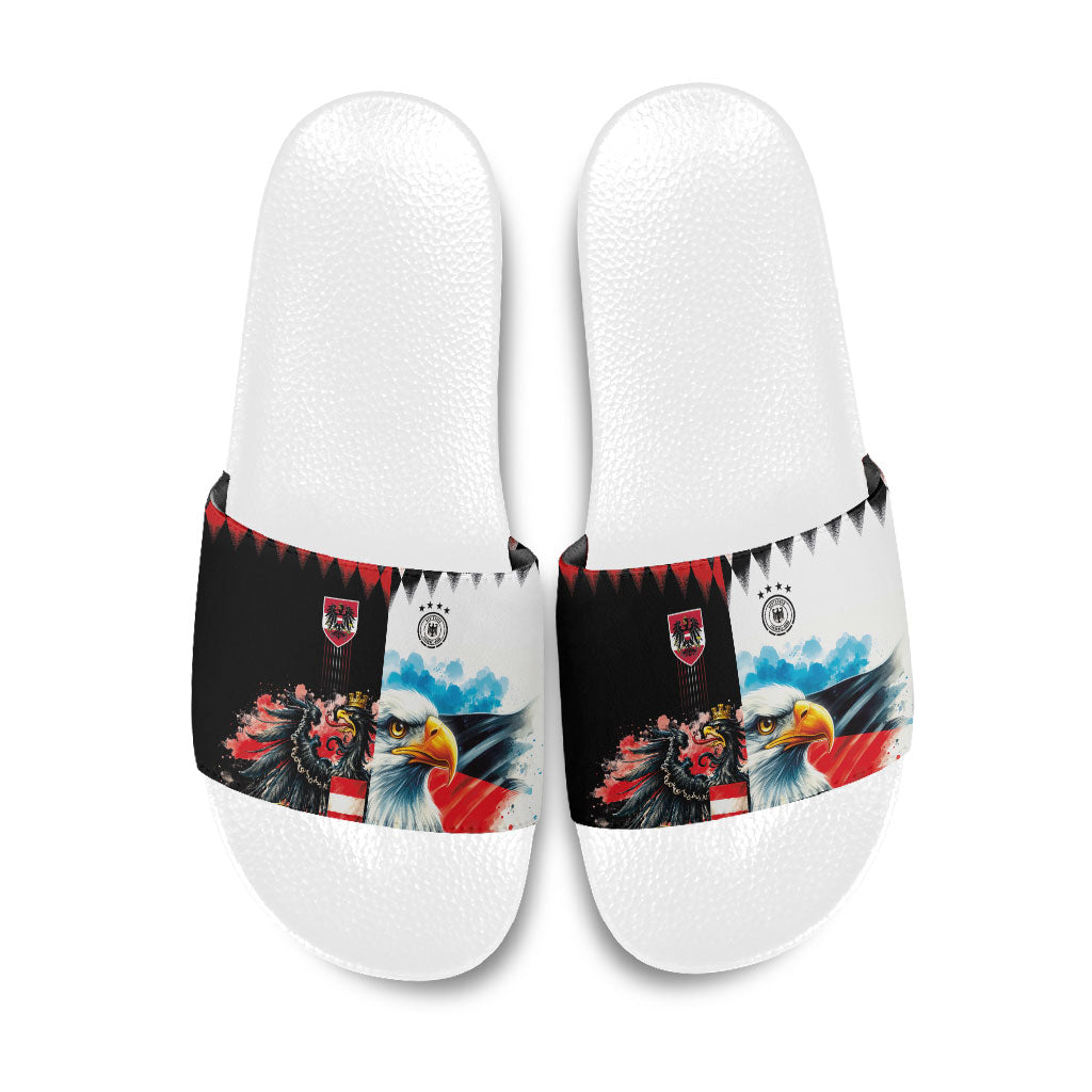 Austria and Germany National Football Slide Sandals Split Half Diamond Argyle with Eagles Watercolor Paint Splash Art