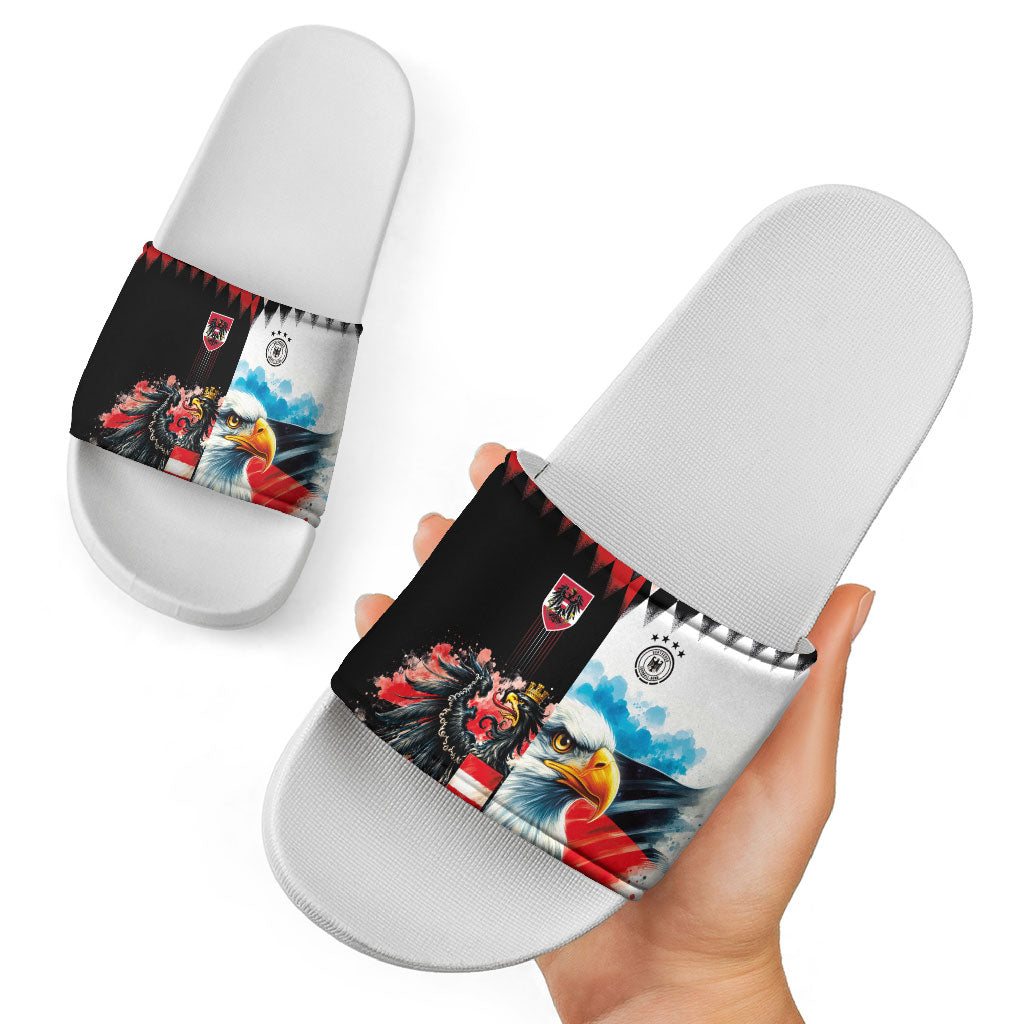 Austria and Germany National Football Slide Sandals Split Half Diamond Argyle with Eagles Watercolor Paint Splash Art