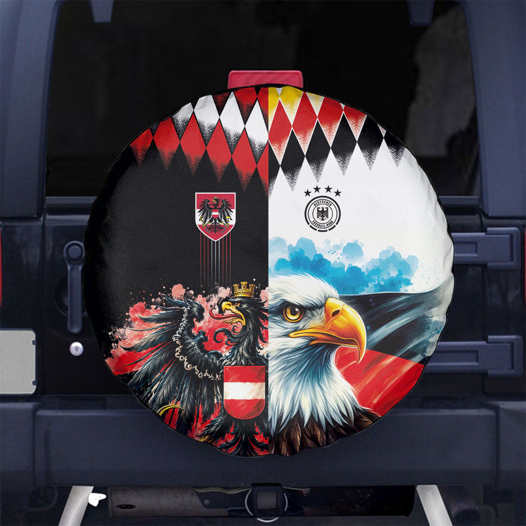 Austria and Germany National Football Spare Tire Cover Split Half Diamond Argyle with Eagles Watercolor Paint Splash Art