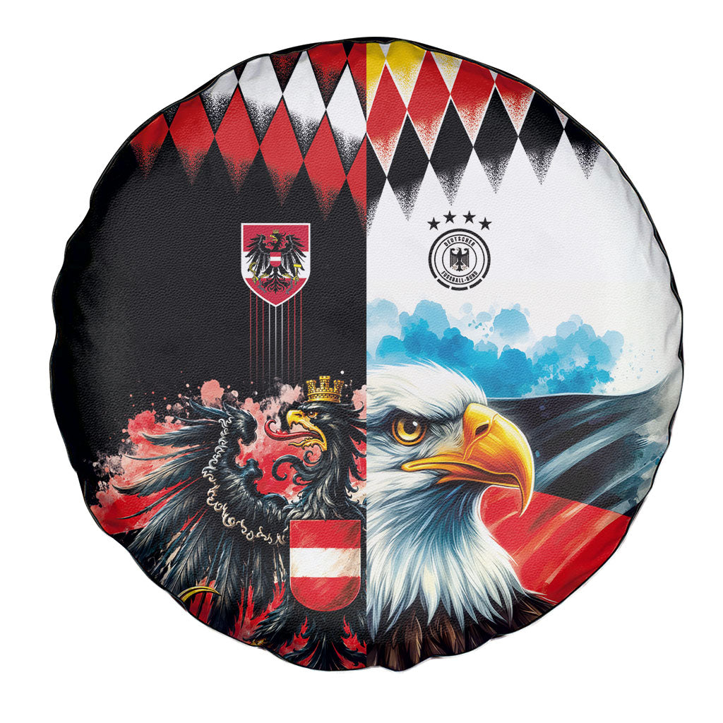 Austria and Germany National Football Spare Tire Cover Split Half Diamond Argyle with Eagles Watercolor Paint Splash Art