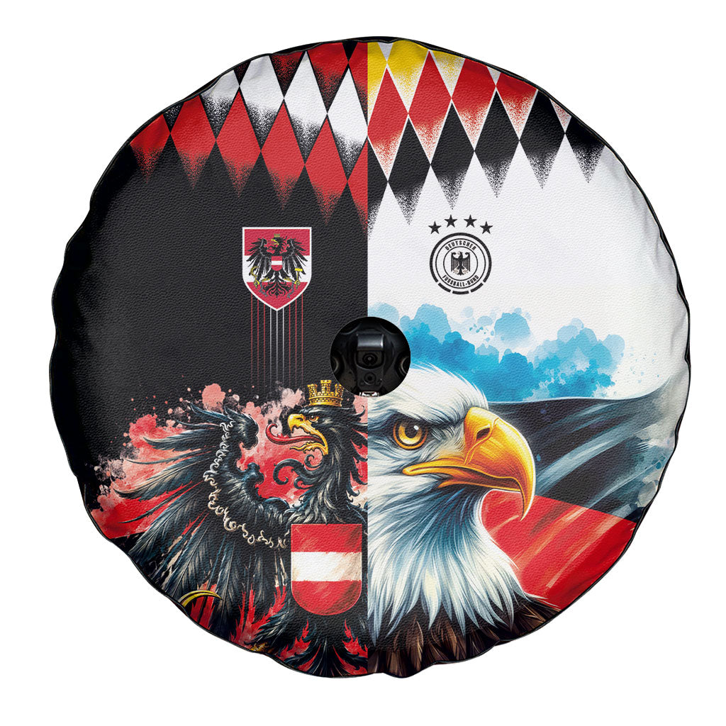 Austria and Germany National Football Spare Tire Cover Split Half Diamond Argyle with Eagles Watercolor Paint Splash Art