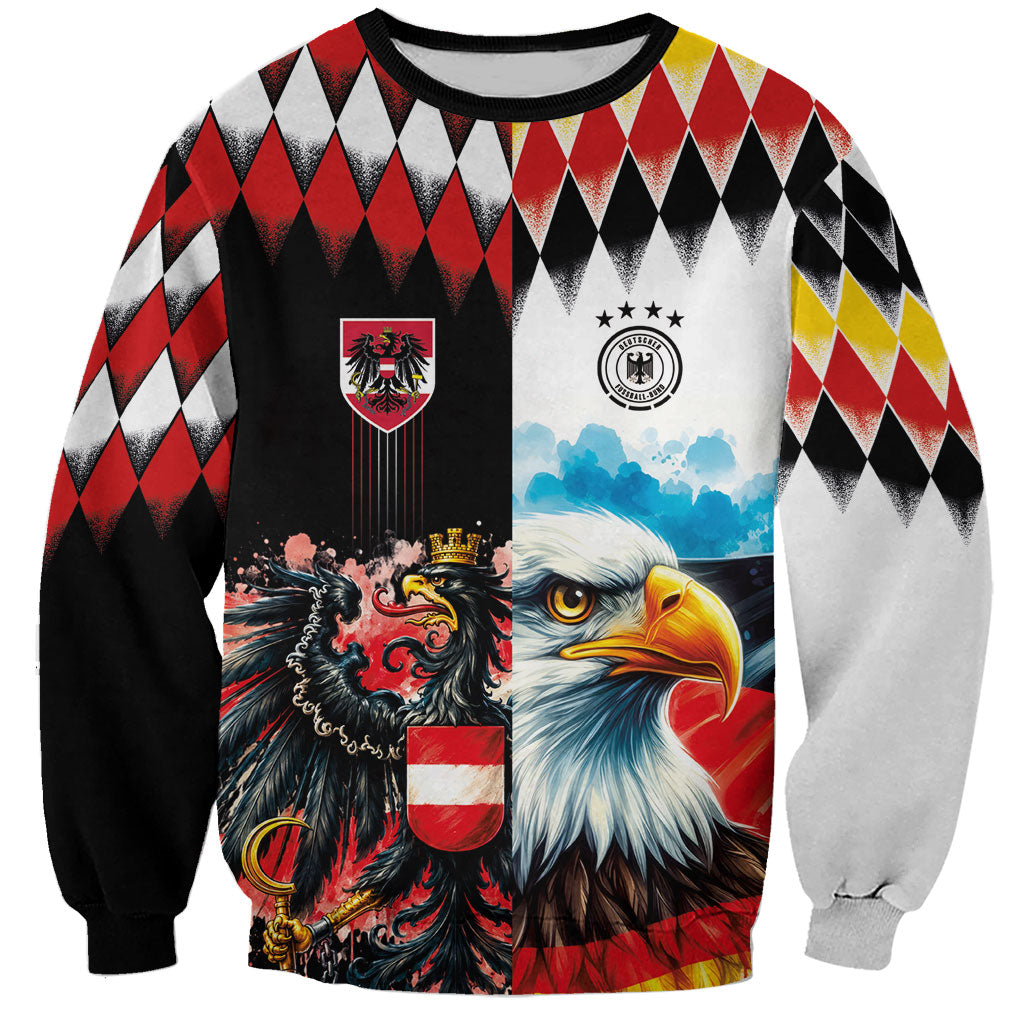 Custom Austria and Germany National Football Sweatshirt Split Half Diamond Argyle with Eagles Watercolor Paint Splash Art