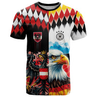 Custom Austria and Germany National Football T Shirt Split Half Diamond Argyle with Eagles Watercolor Paint Splash Art