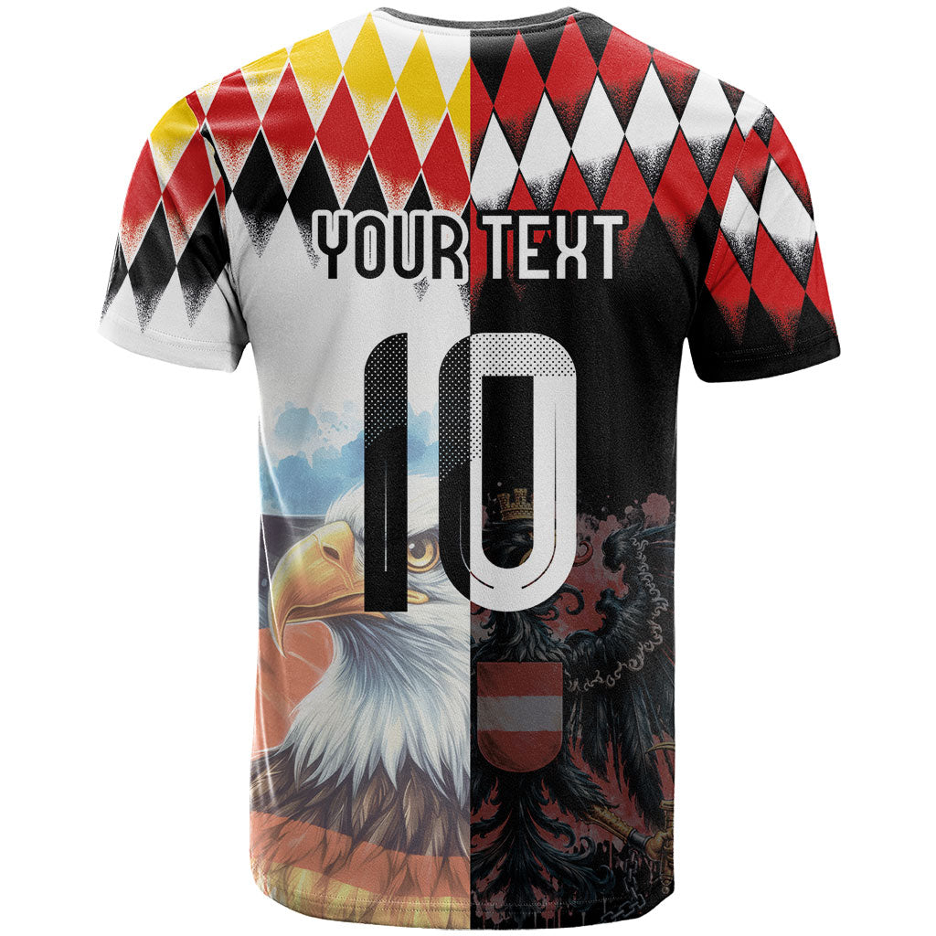 Custom Austria and Germany National Football T Shirt Split Half Diamond Argyle with Eagles Watercolor Paint Splash Art