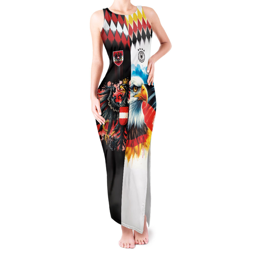 Custom Austria and Germany National Football Tank Maxi Dress Split Half Diamond Argyle with Eagles Watercolor Paint Splash Art