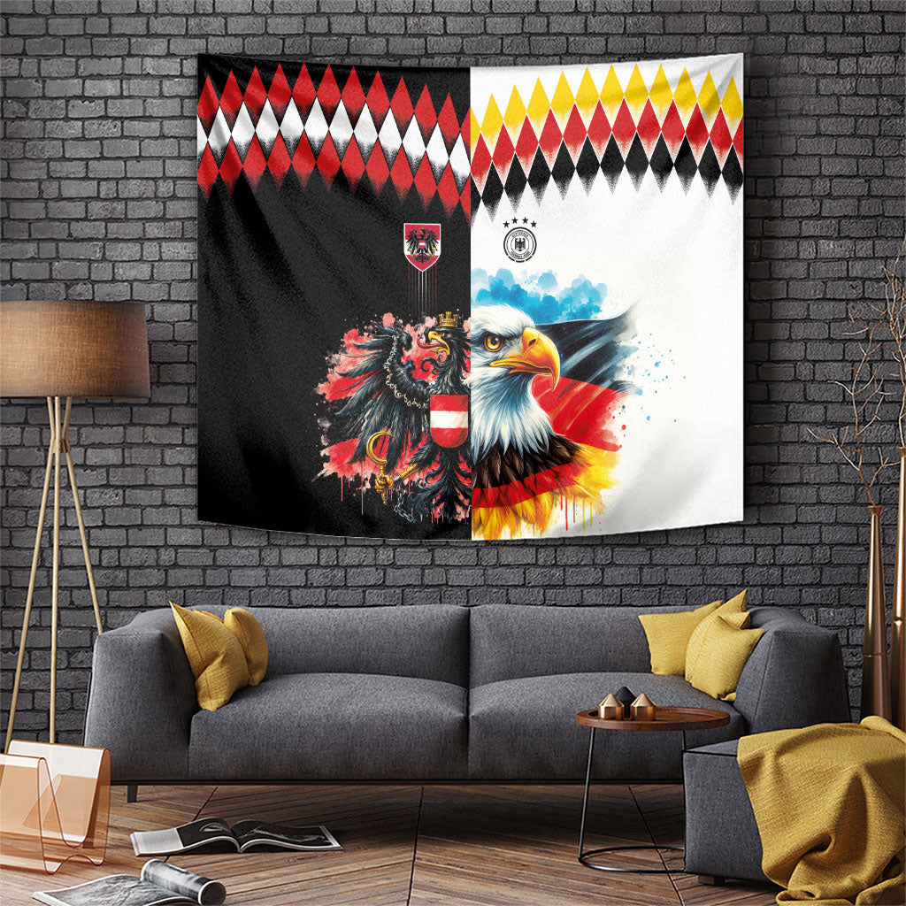 Austria and Germany National Football Tapestry Split Half Diamond Argyle with Eagles Watercolor Paint Splash Art