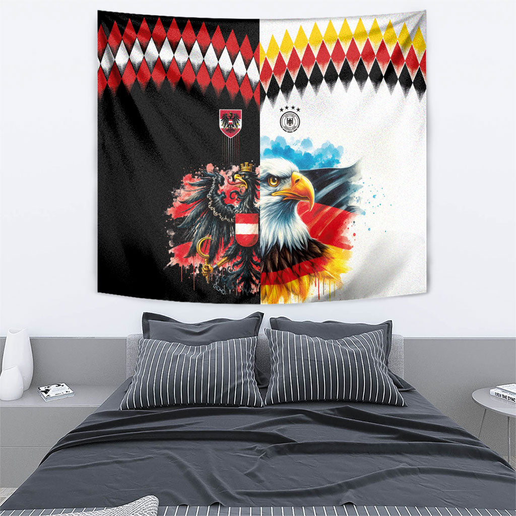 Austria and Germany National Football Tapestry Split Half Diamond Argyle with Eagles Watercolor Paint Splash Art